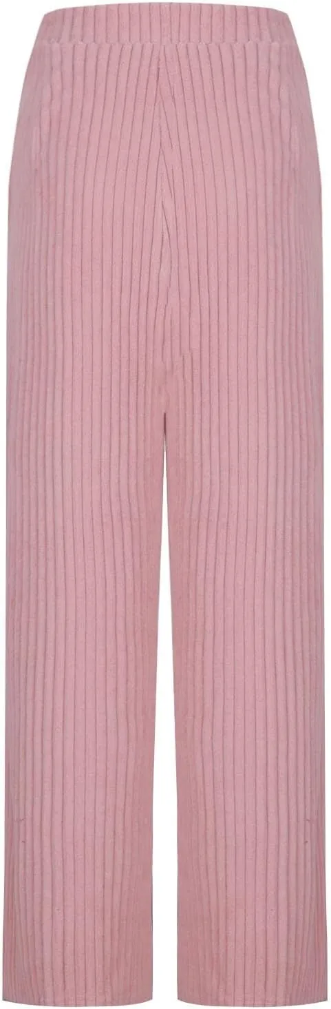 Women's Ribbed Knit Pants Casual Elastic High Waist Wide Leg Lined Long Comfort Loose Trousers with Pockets