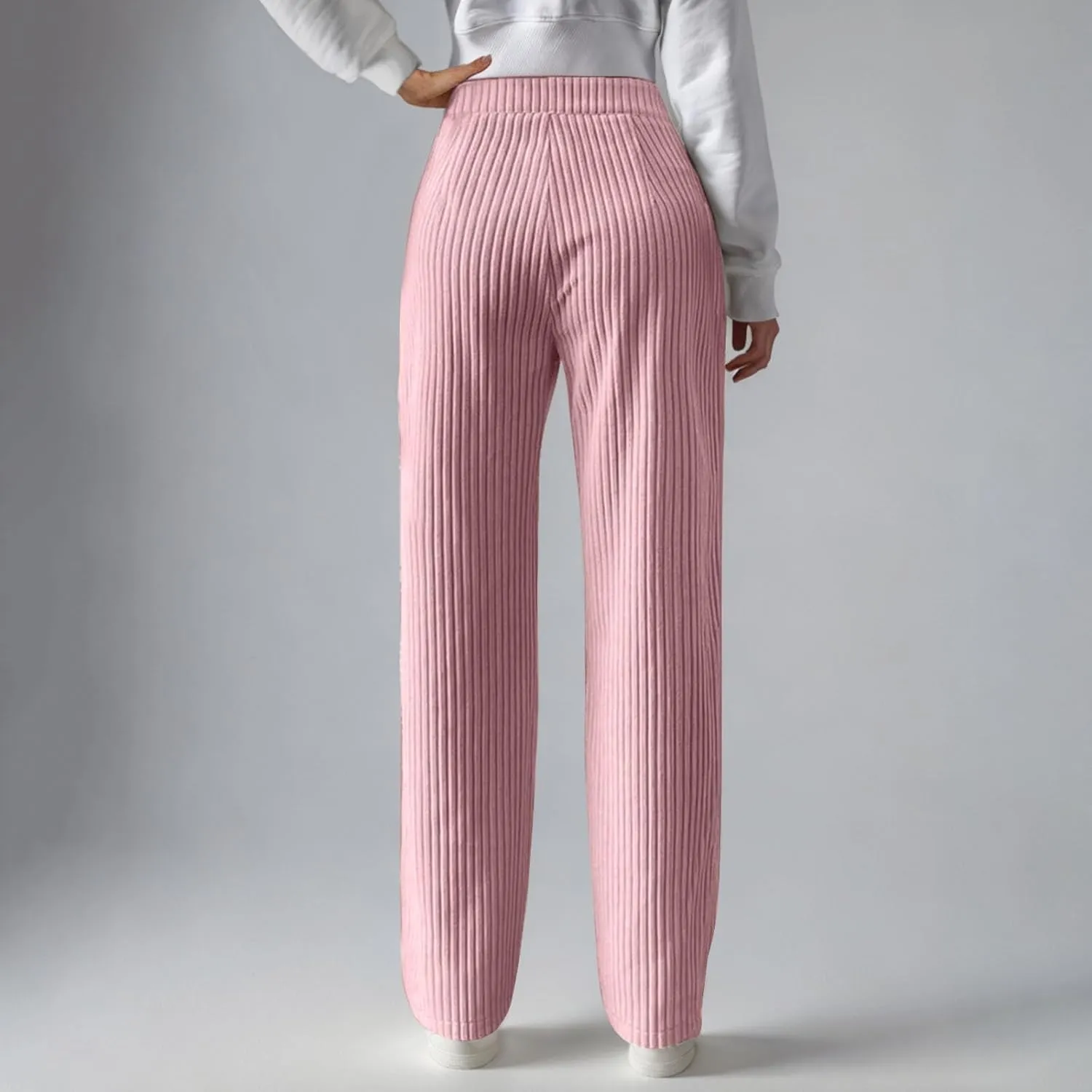Women's Ribbed Knit Pants Casual Elastic High Waist Wide Leg Lined Long Comfort Loose Trousers with Pockets