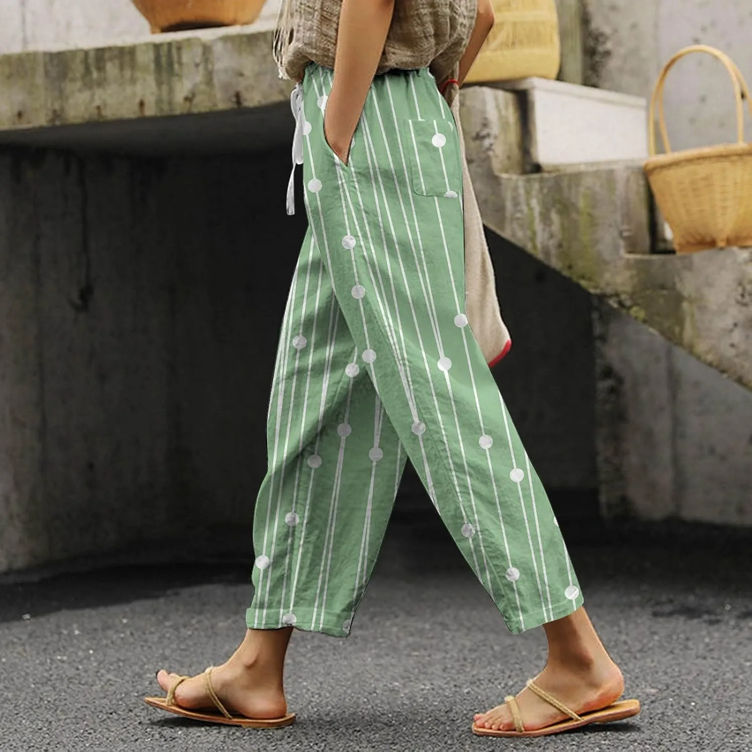 Womens Summer Linen Pants Casual Baggy Pants with Pockets Summer Comfy Wide Leg Trousers Boho Lounge Palazzo Pant