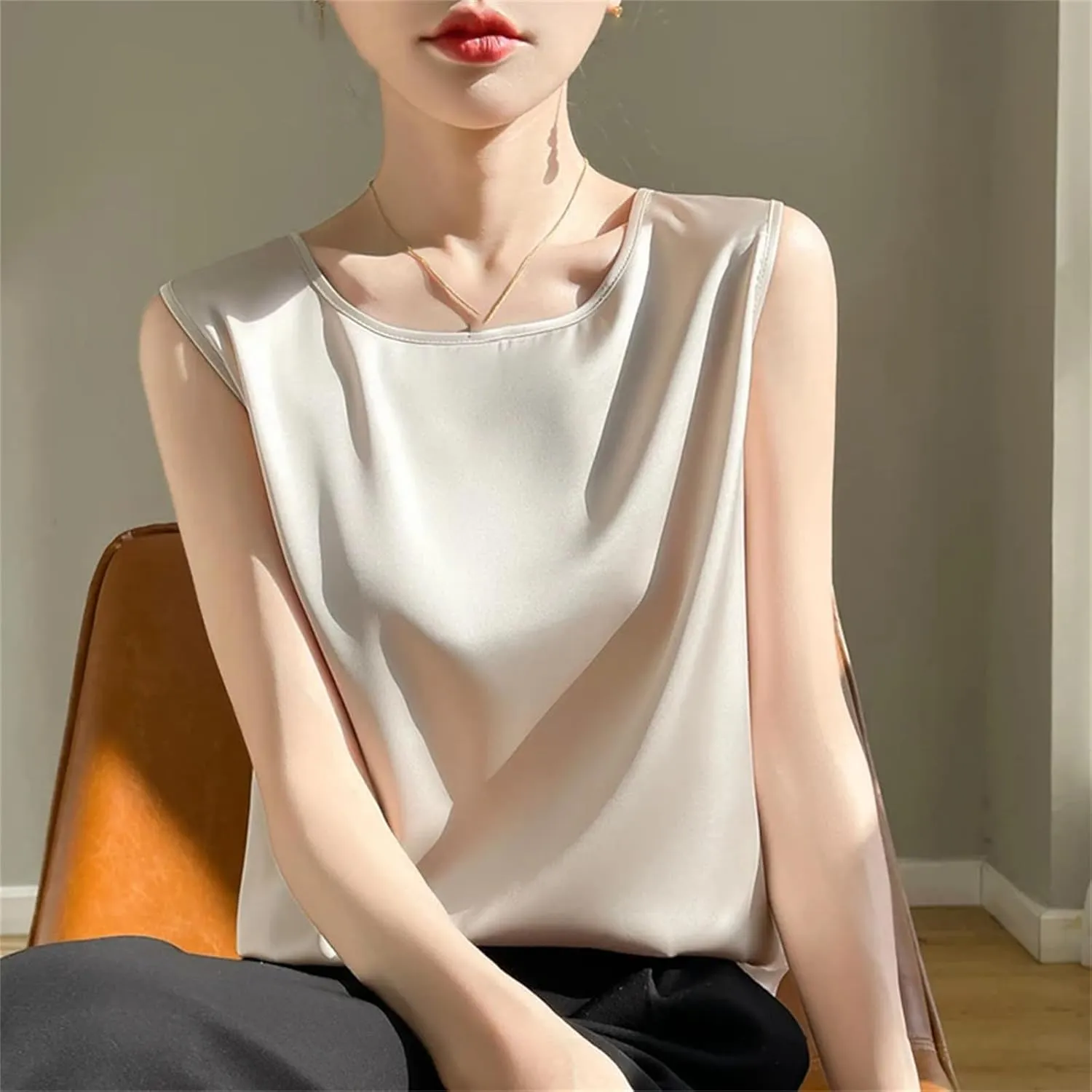 Women's Summer Silk Satin T-Shirts Solid Round Neck Sleeveless Office Lady Camisole Tank Tops