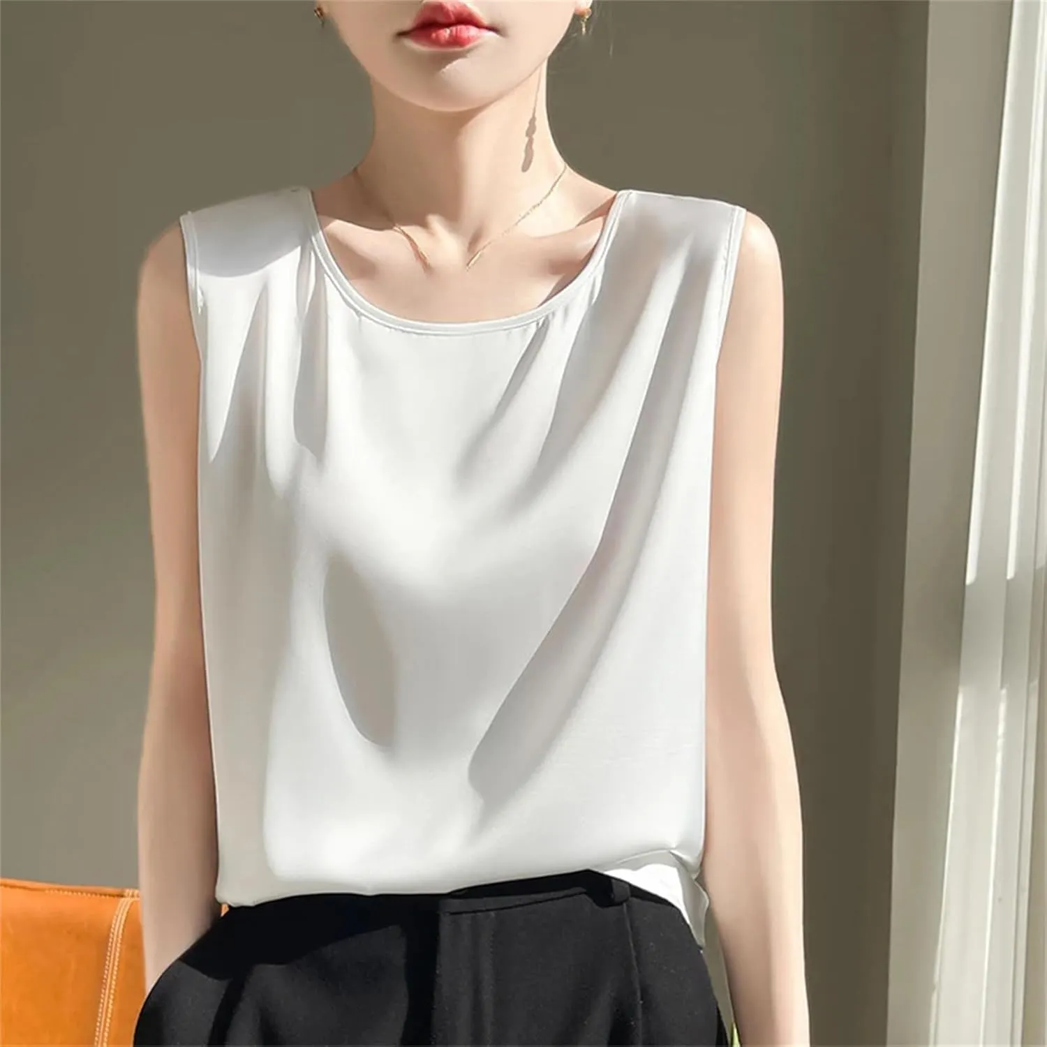 Women's Summer Silk Satin T-Shirts Solid Round Neck Sleeveless Office Lady Camisole Tank Tops