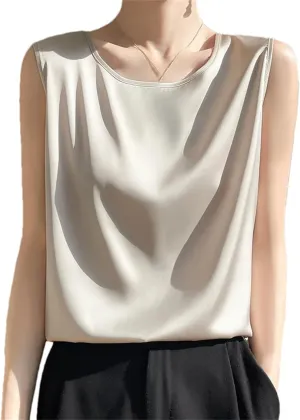 Women's Summer Silk Satin T-Shirts Solid Round Neck Sleeveless Office Lady Camisole Tank Tops