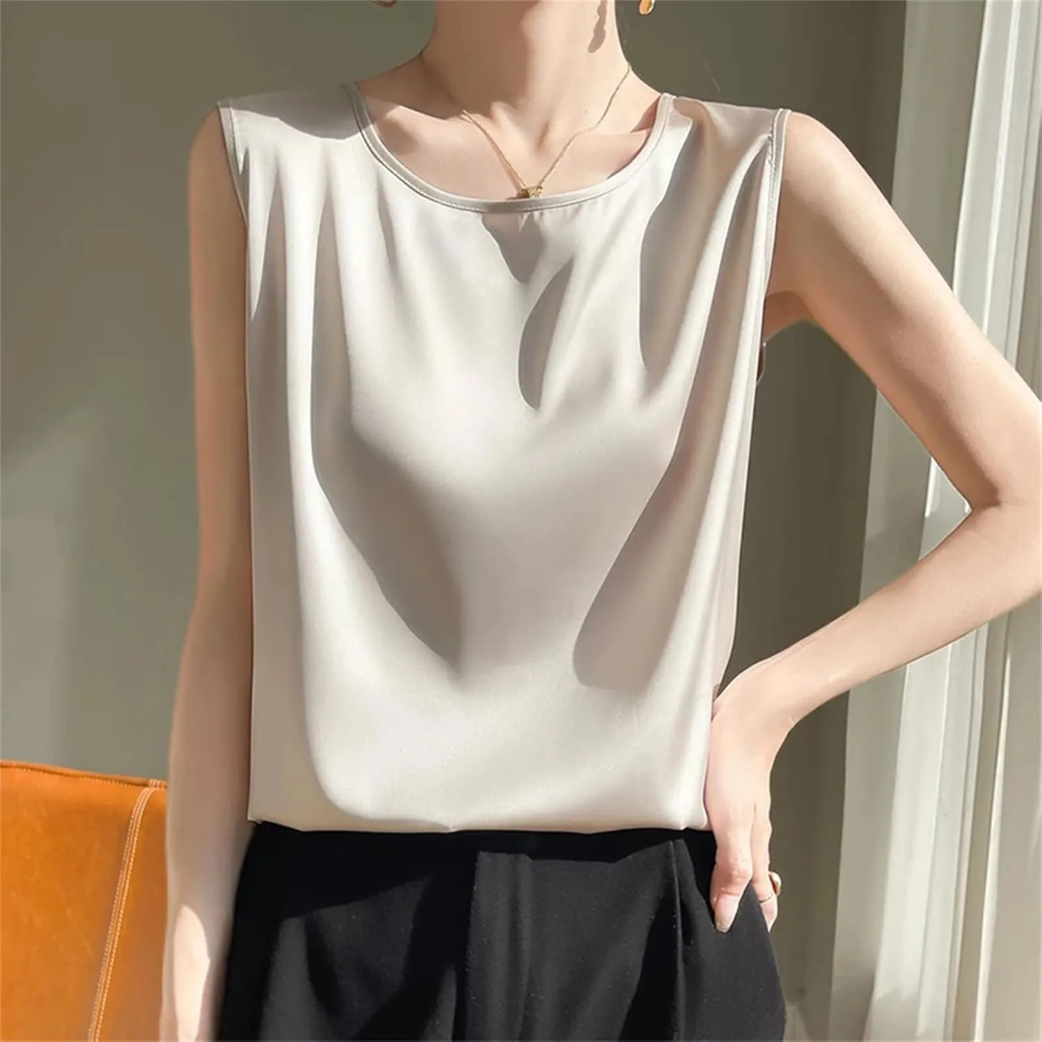 Women's Summer Silk Satin T-Shirts Solid Round Neck Sleeveless Office Lady Camisole Tank Tops