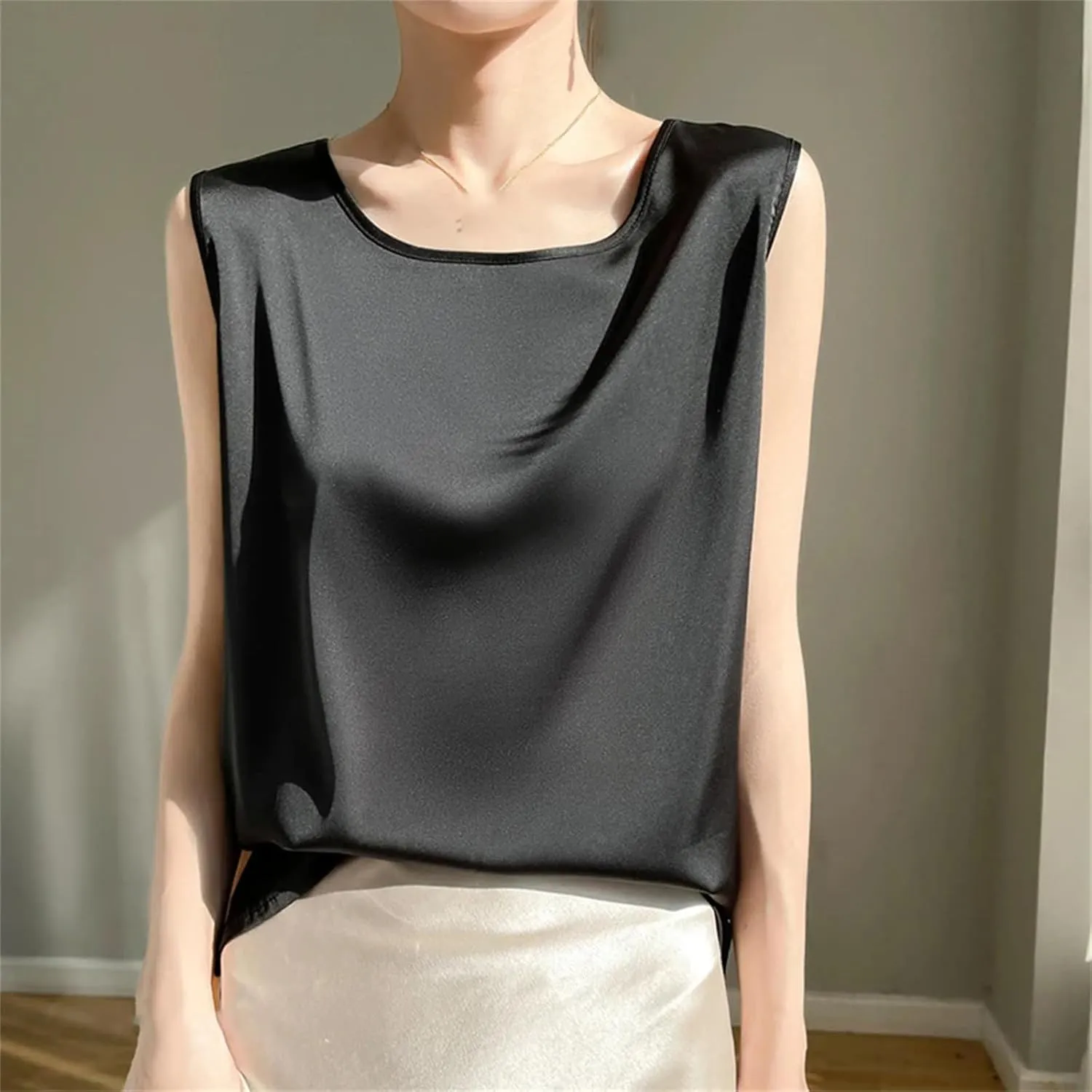 Women's Summer Silk Satin T-Shirts Solid Round Neck Sleeveless Office Lady Camisole Tank Tops