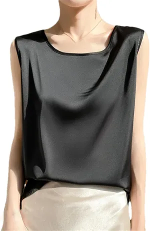 Women's Summer Silk Satin T-Shirts Solid Round Neck Sleeveless Office Lady Camisole Tank Tops