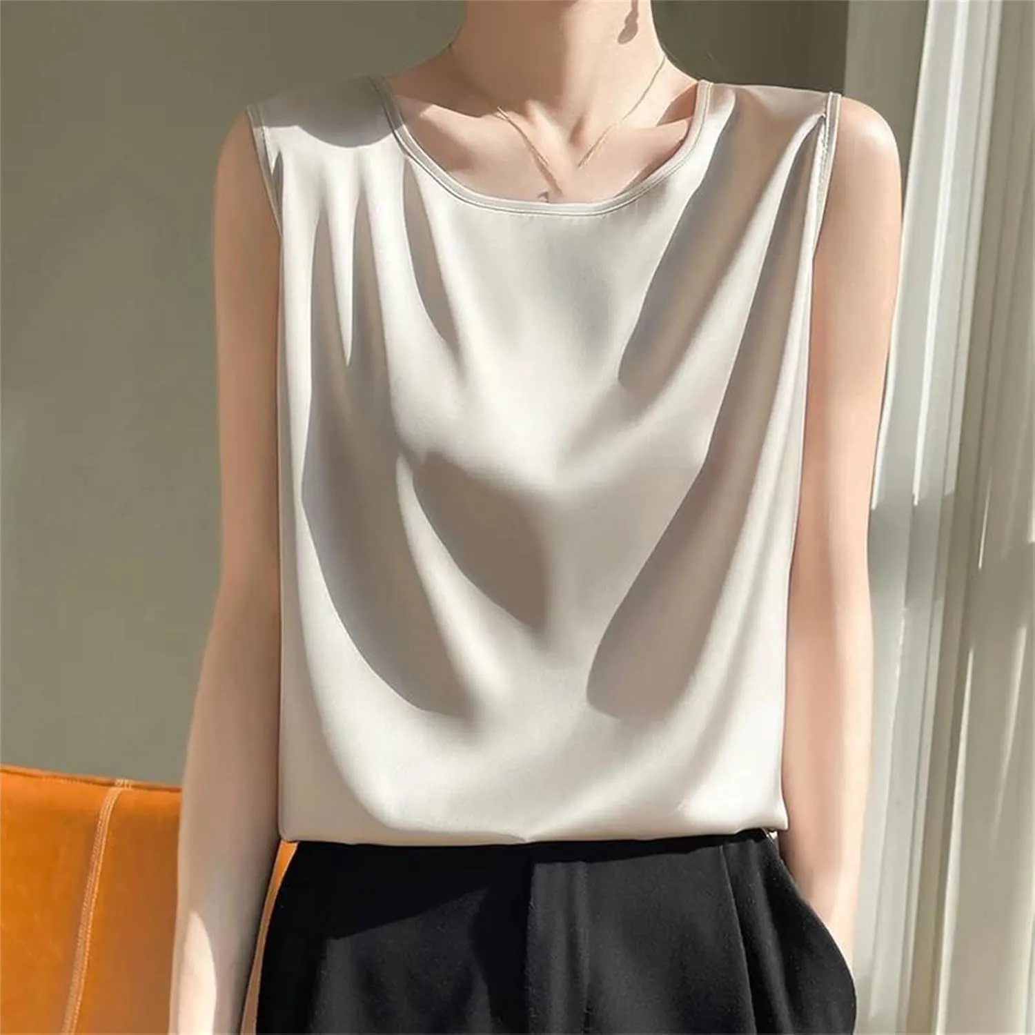 Women's Summer Silk Satin T-Shirts Solid Round Neck Sleeveless Office Lady Camisole Tank Tops