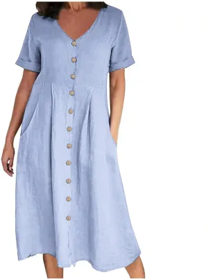 Women's V Neck Pleated Summer Dress Trendy Casual Short Sleeve Midi Dresses Loose Comfort Cotton Linen Dress