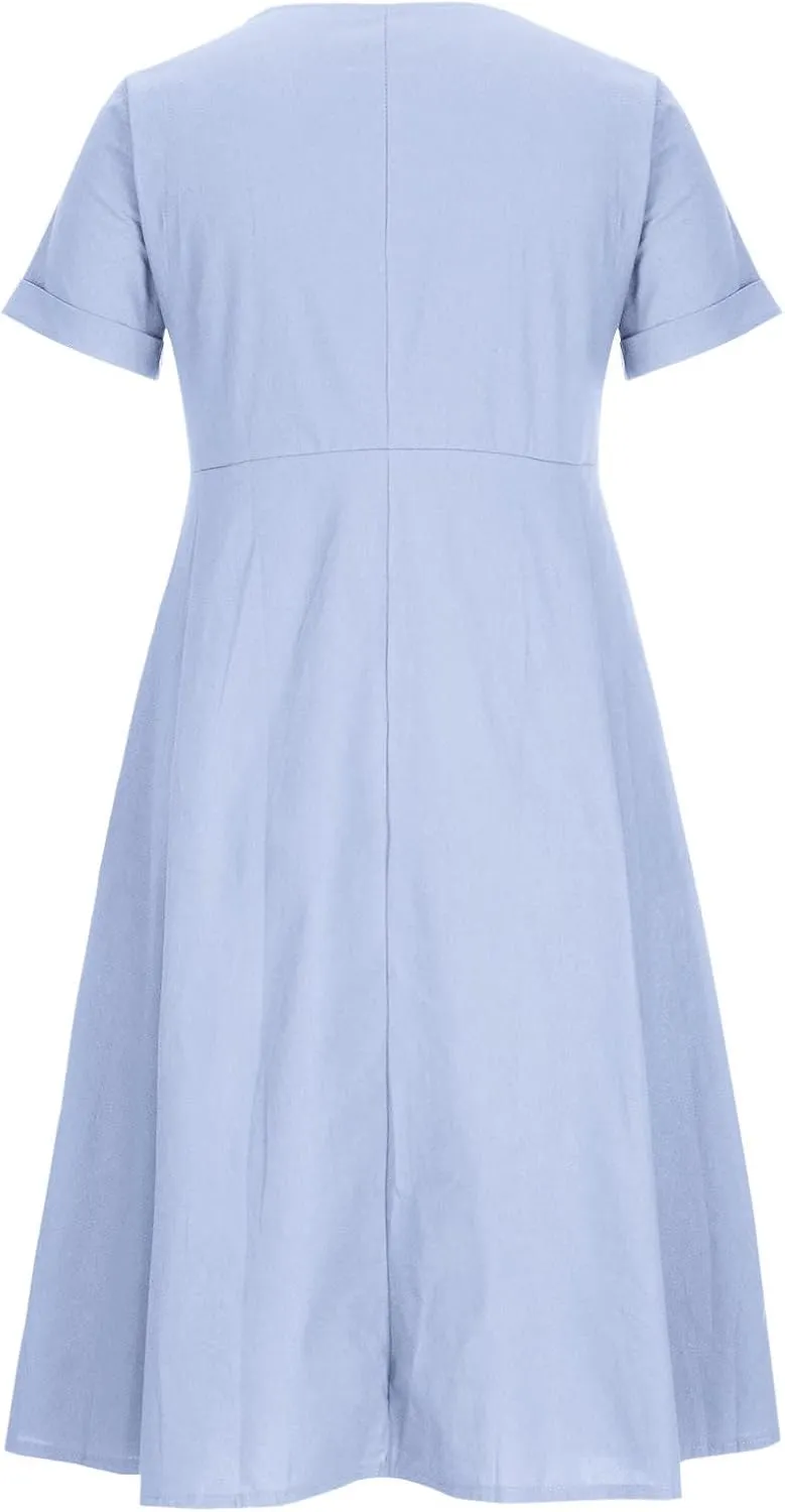 Women's V Neck Pleated Summer Dress Trendy Casual Short Sleeve Midi Dresses Loose Comfort Cotton Linen Dress