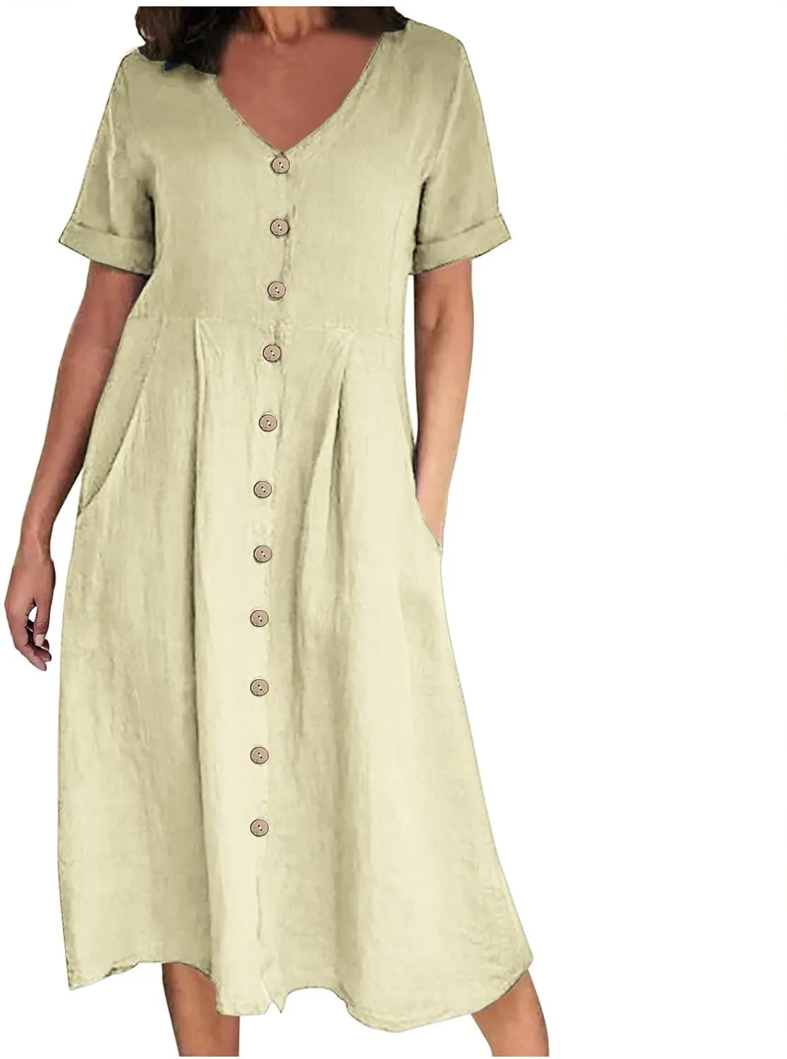 Women's V Neck Pleated Summer Dress Trendy Casual Short Sleeve Midi Dresses Loose Comfort Cotton Linen Dress