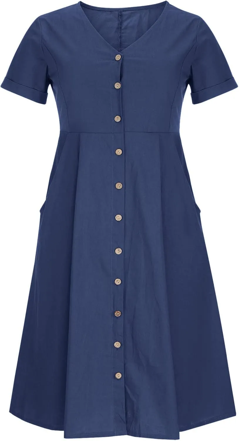 Women's V Neck Pleated Summer Dress Trendy Casual Short Sleeve Midi Dresses Loose Comfort Cotton Linen Dress