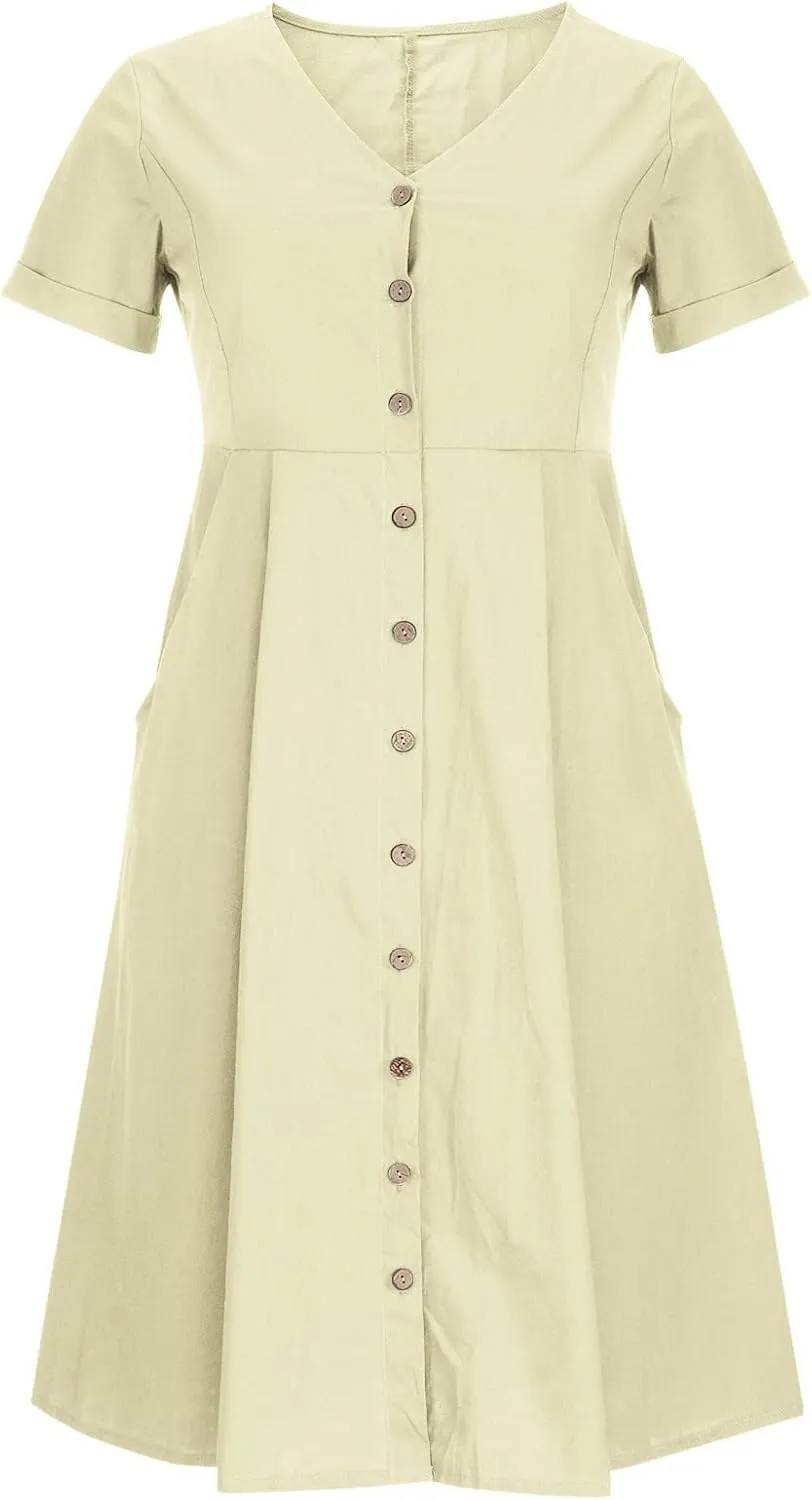 Women's V Neck Pleated Summer Dress Trendy Casual Short Sleeve Midi Dresses Loose Comfort Cotton Linen Dress