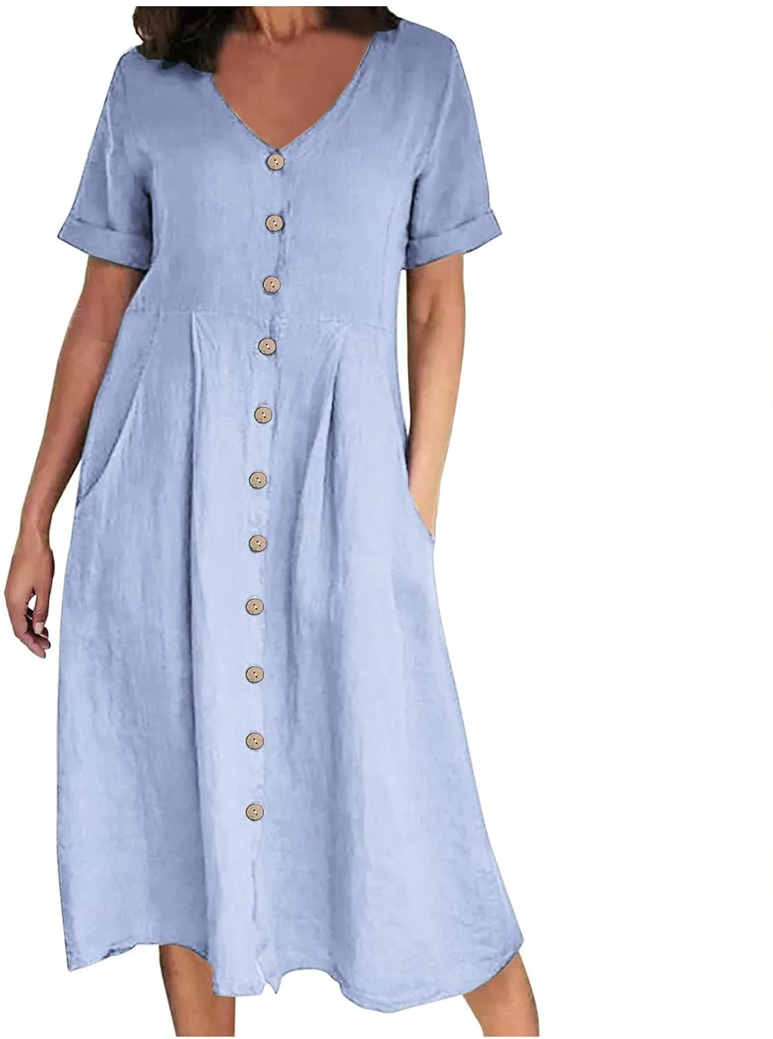 Women's V Neck Pleated Summer Dress Trendy Casual Short Sleeve Midi Dresses Loose Comfort Cotton Linen Dress