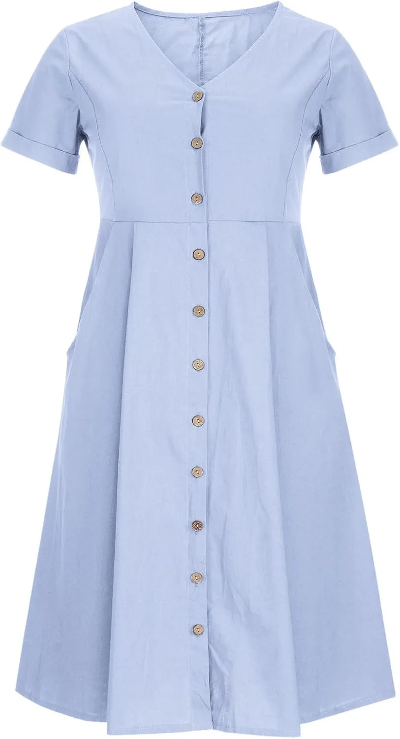 Women's V Neck Pleated Summer Dress Trendy Casual Short Sleeve Midi Dresses Loose Comfort Cotton Linen Dress