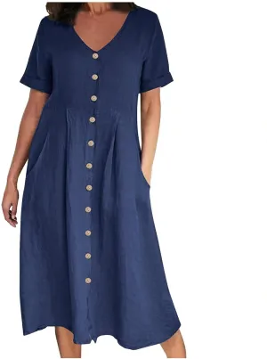 Women's V Neck Pleated Summer Dress Trendy Casual Short Sleeve Midi Dresses Loose Comfort Cotton Linen Dress