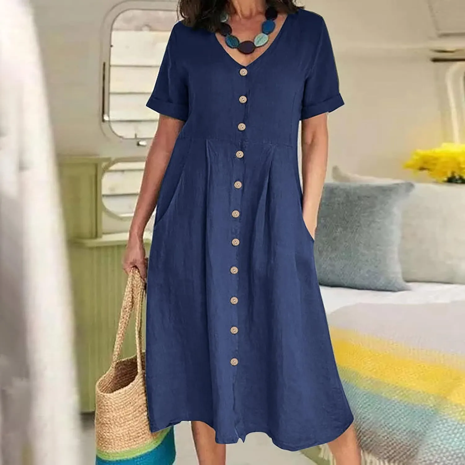 Women's V Neck Pleated Summer Dress Trendy Casual Short Sleeve Midi Dresses Loose Comfort Cotton Linen Dress