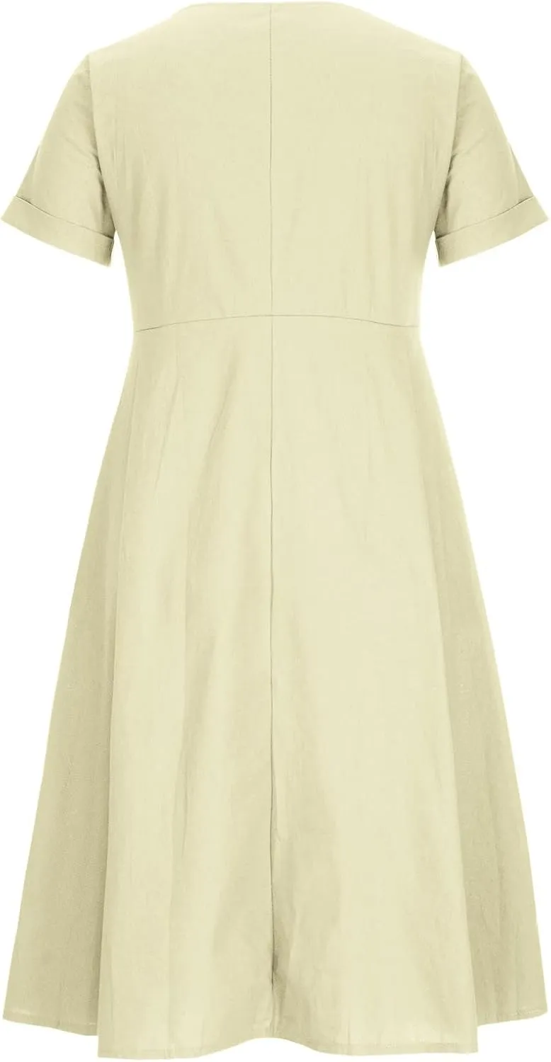 Women's V Neck Pleated Summer Dress Trendy Casual Short Sleeve Midi Dresses Loose Comfort Cotton Linen Dress