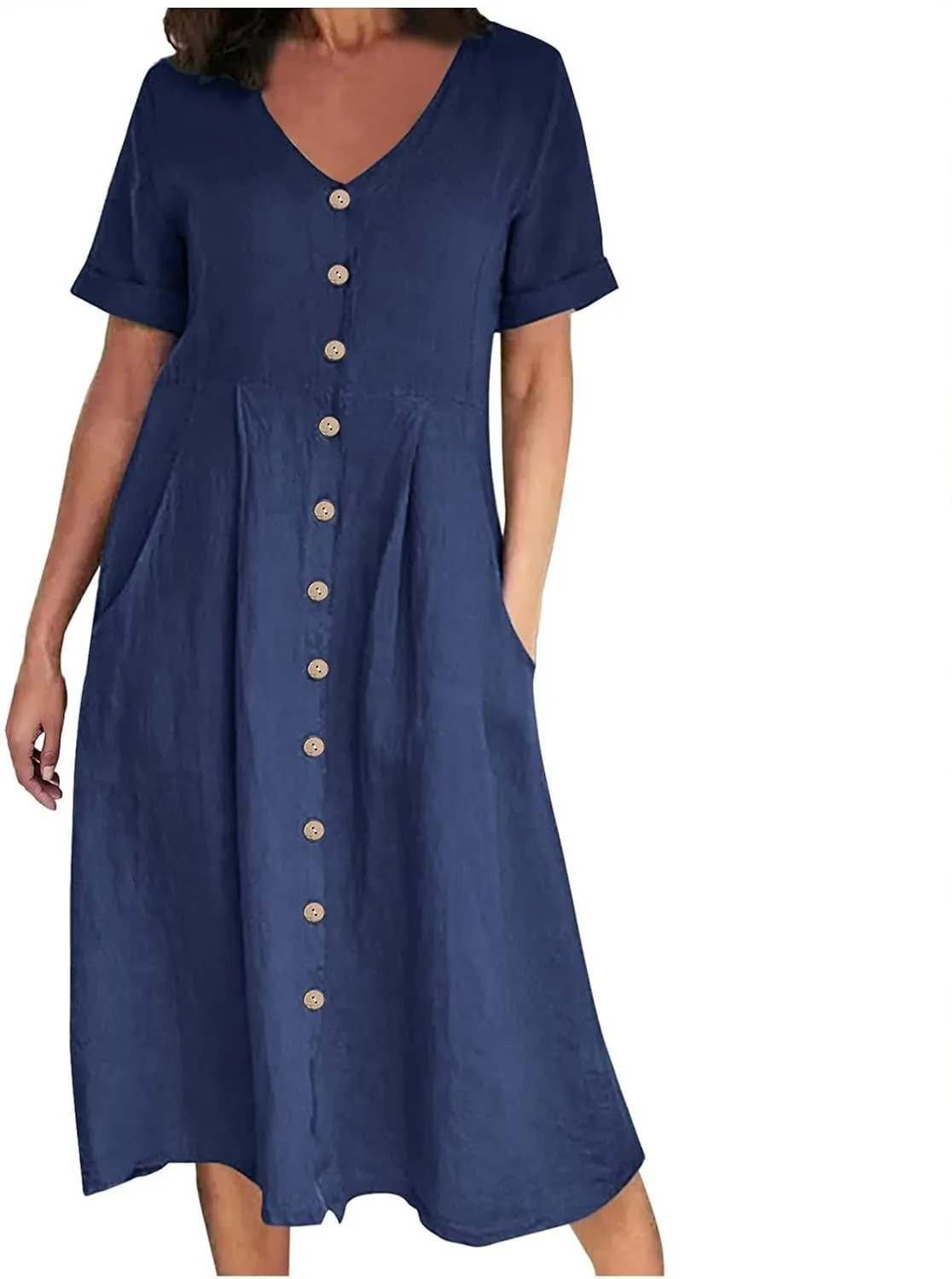 Women's V Neck Pleated Summer Dress Trendy Casual Short Sleeve Midi Dresses Loose Comfort Cotton Linen Dress