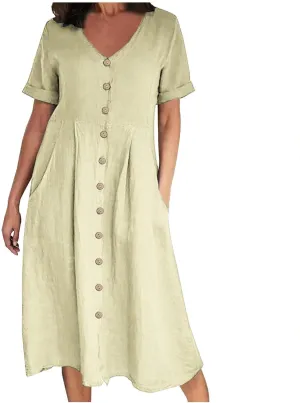 Women's V Neck Pleated Summer Dress Trendy Casual Short Sleeve Midi Dresses Loose Comfort Cotton Linen Dress