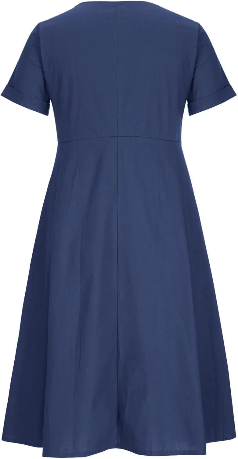 Women's V Neck Pleated Summer Dress Trendy Casual Short Sleeve Midi Dresses Loose Comfort Cotton Linen Dress