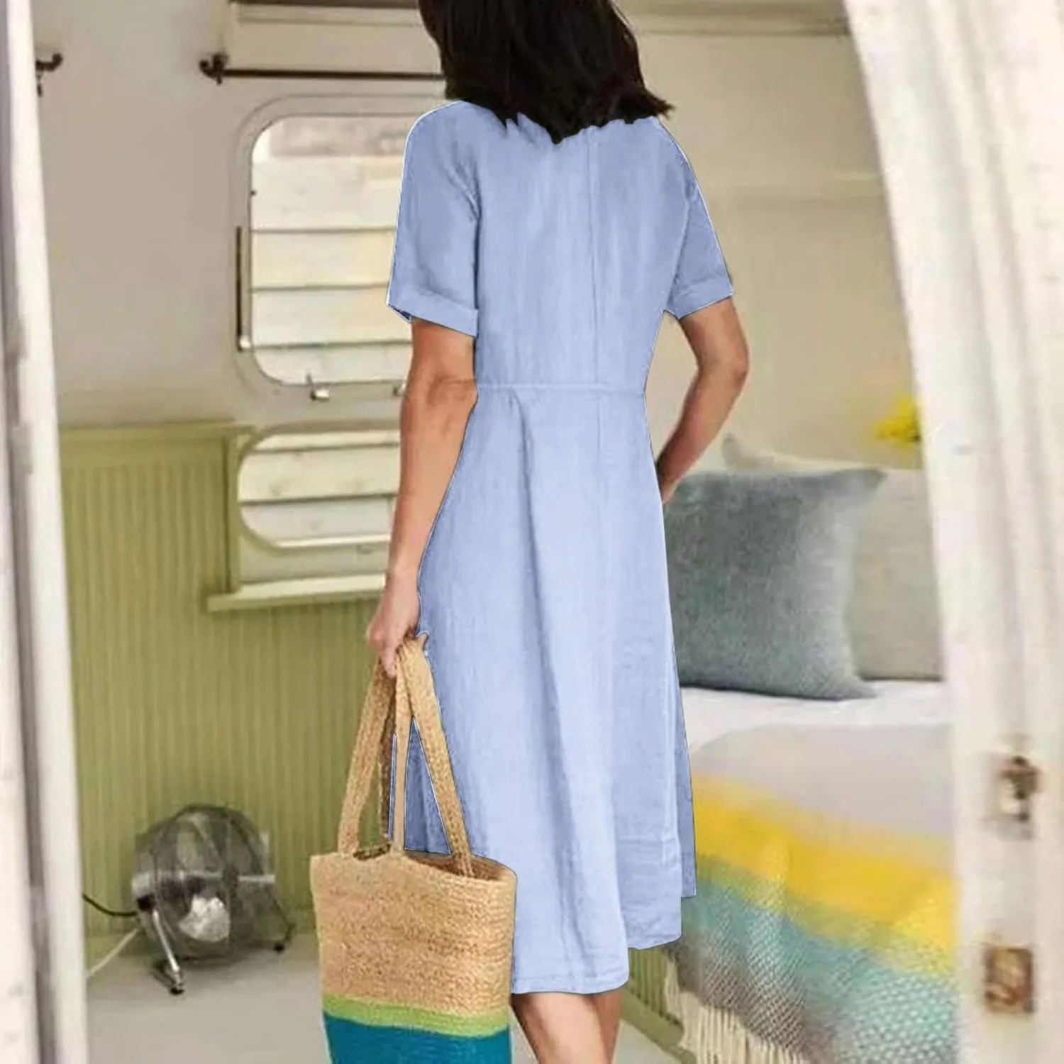 Women's V Neck Pleated Summer Dress Trendy Casual Short Sleeve Midi Dresses Loose Comfort Cotton Linen Dress