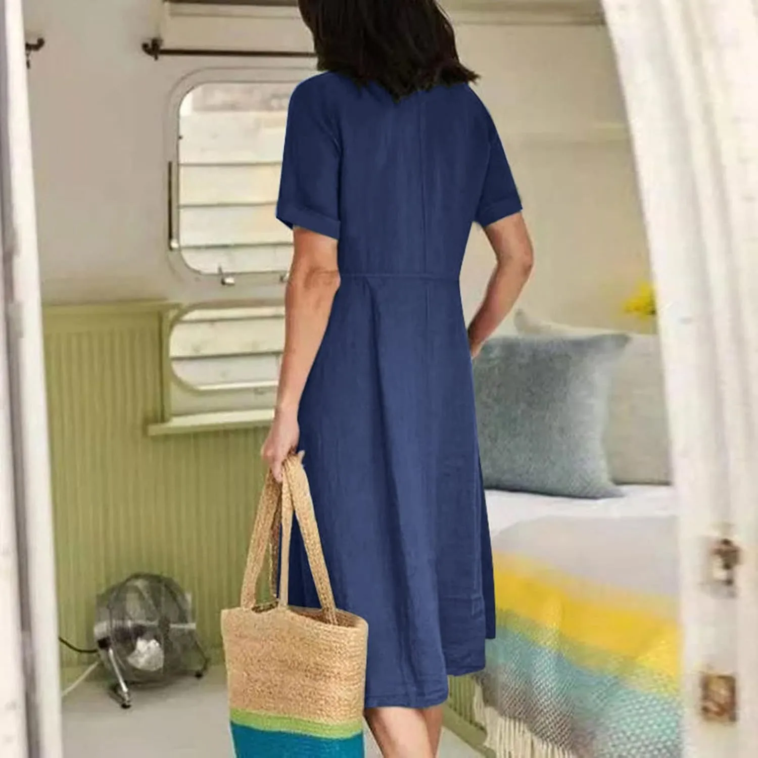 Women's V Neck Pleated Summer Dress Trendy Casual Short Sleeve Midi Dresses Loose Comfort Cotton Linen Dress