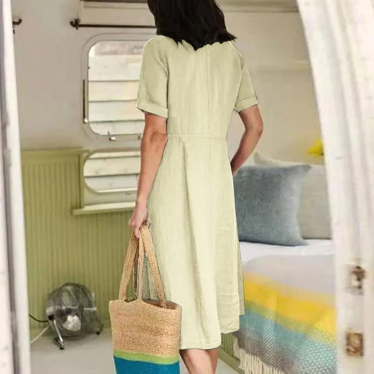 Women's V Neck Pleated Summer Dress Trendy Casual Short Sleeve Midi Dresses Loose Comfort Cotton Linen Dress