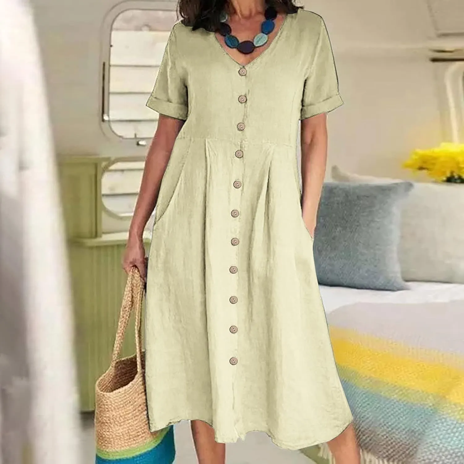 Women's V Neck Pleated Summer Dress Trendy Casual Short Sleeve Midi Dresses Loose Comfort Cotton Linen Dress