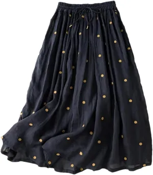 Womens Vintage Dot Casual Elastic Waist Skirts Pleated Skirt Office Flowy Midi Skirt