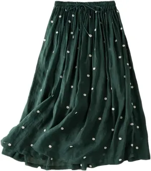 Womens Vintage Dot Casual Elastic Waist Skirts Pleated Skirt Office Flowy Midi Skirt