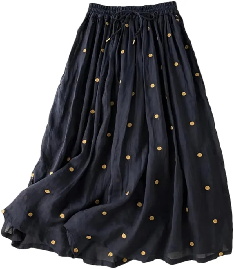 Womens Vintage Dot Casual Elastic Waist Skirts Pleated Skirt Office Flowy Midi Skirt