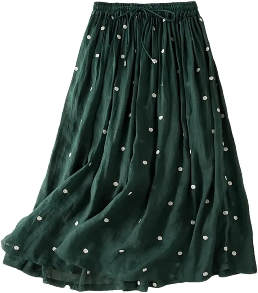 Womens Vintage Dot Casual Elastic Waist Skirts Pleated Skirt Office Flowy Midi Skirt
