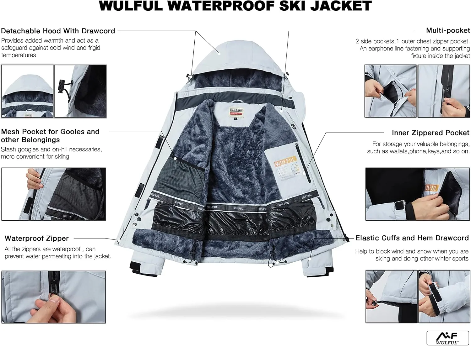 WULFUL Womens Waterproof Snow Ski Jacket Mountain Windproof Winter Coat with Detachable Hood
