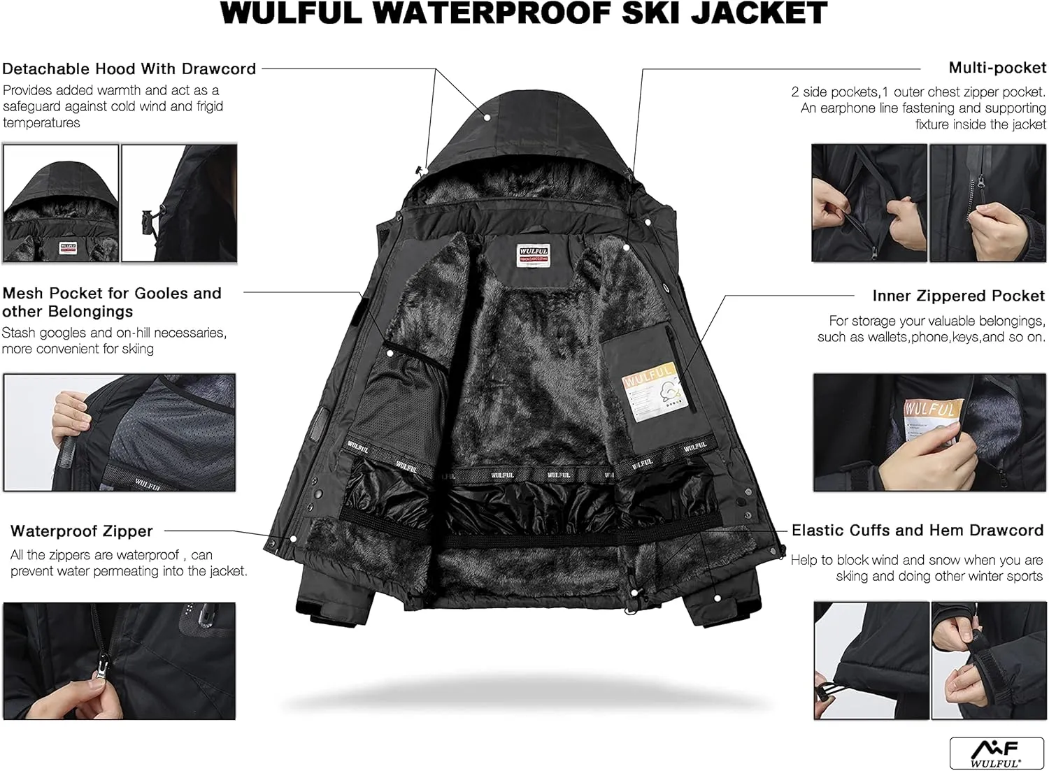 WULFUL Womens Waterproof Snow Ski Jacket Mountain Windproof Winter Coat with Detachable Hood