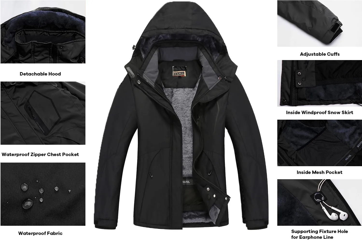WULFUL Womens Waterproof Snow Ski Jacket Mountain Windproof Winter Coat with Detachable Hood
