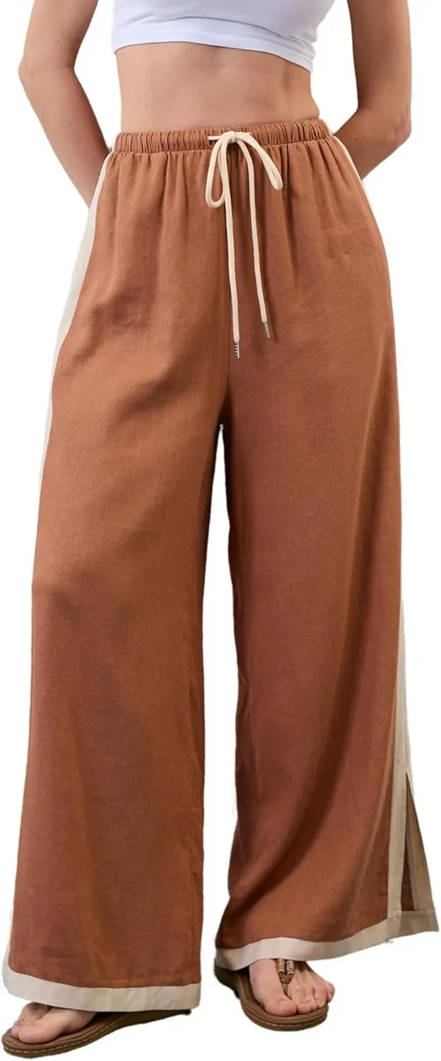 Xiaoxuemeng Wide Leg Pants for Women Casual Linen Side Striped Baggy Pants Elastic Waisted Trousers with Pockets