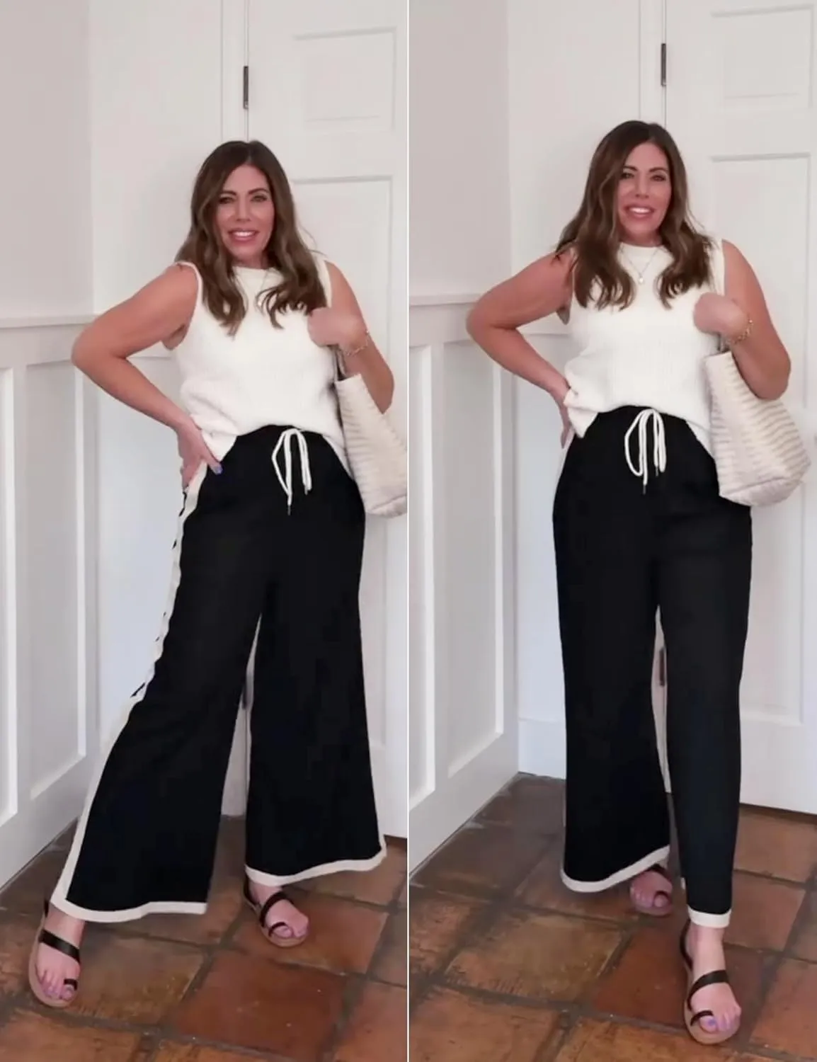Xiaoxuemeng Wide Leg Pants for Women Casual Linen Side Striped Baggy Pants Elastic Waisted Trousers with Pockets
