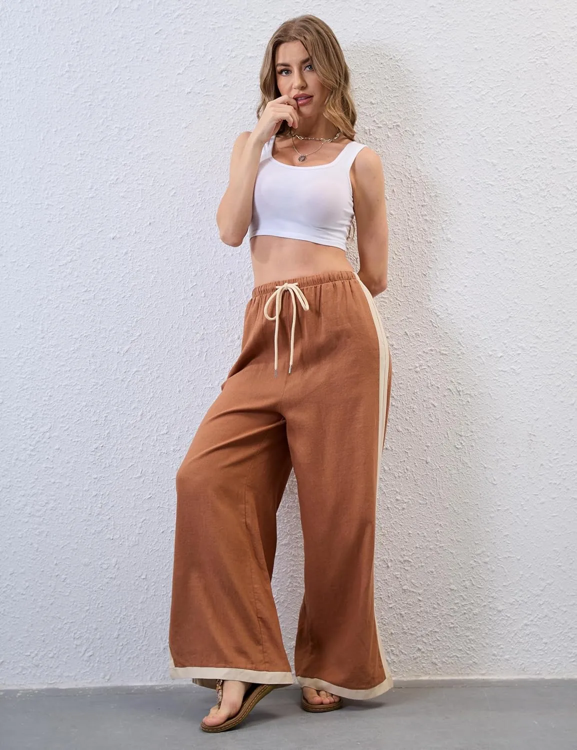 Xiaoxuemeng Wide Leg Pants for Women Casual Linen Side Striped Baggy Pants Elastic Waisted Trousers with Pockets