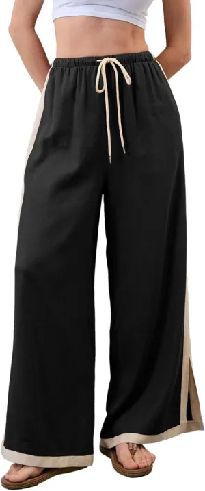 Xiaoxuemeng Wide Leg Pants for Women Casual Linen Side Striped Baggy Pants Elastic Waisted Trousers with Pockets
