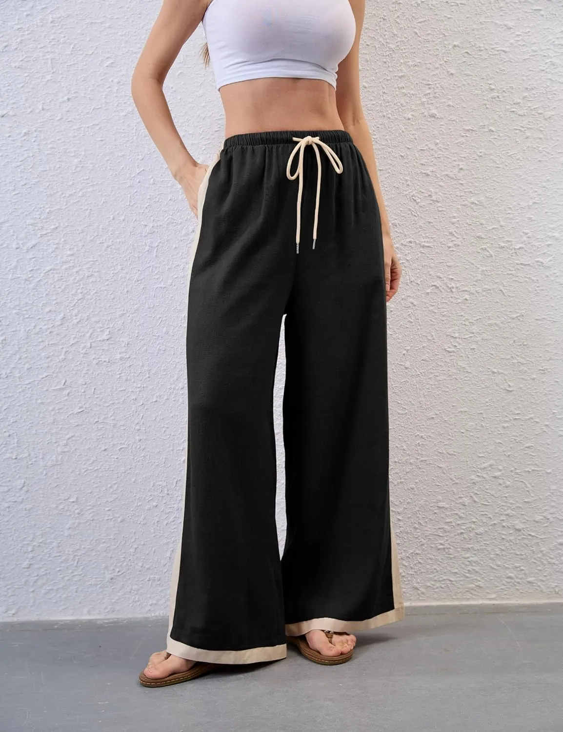 Xiaoxuemeng Wide Leg Pants for Women Casual Linen Side Striped Baggy Pants Elastic Waisted Trousers with Pockets