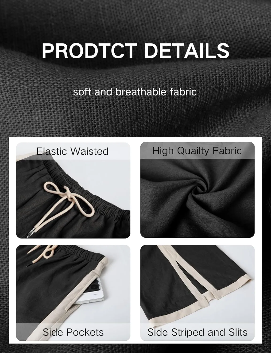 Xiaoxuemeng Wide Leg Pants for Women Casual Linen Side Striped Baggy Pants Elastic Waisted Trousers with Pockets