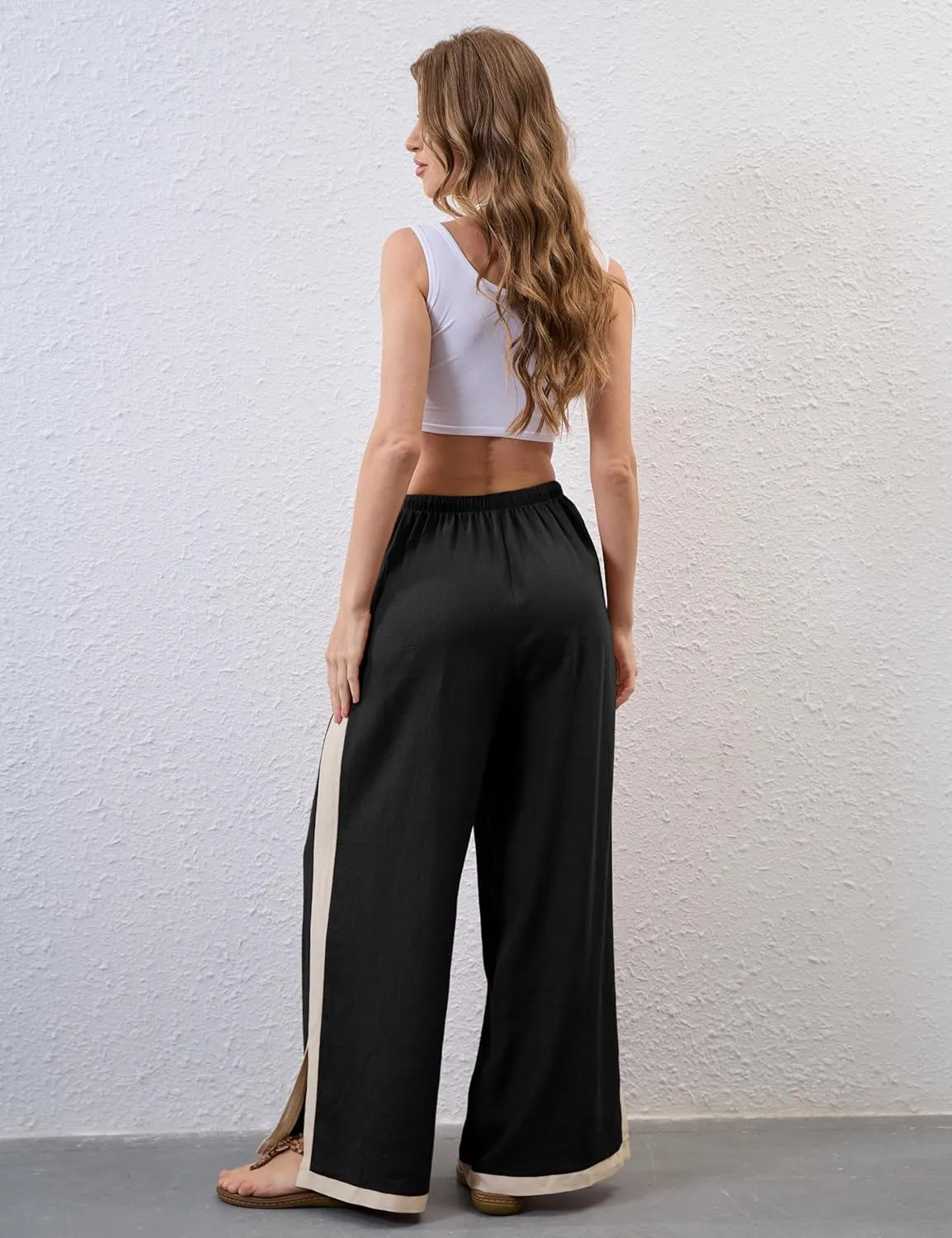 Xiaoxuemeng Wide Leg Pants for Women Casual Linen Side Striped Baggy Pants Elastic Waisted Trousers with Pockets