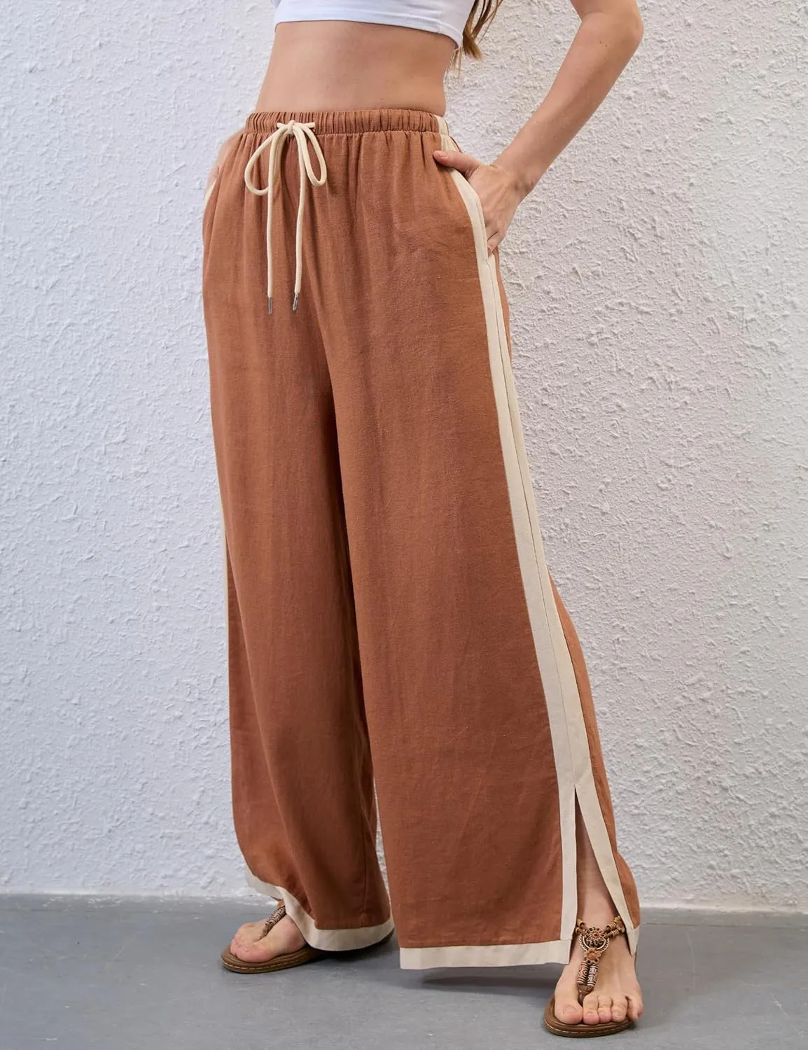 Xiaoxuemeng Wide Leg Pants for Women Casual Linen Side Striped Baggy Pants Elastic Waisted Trousers with Pockets
