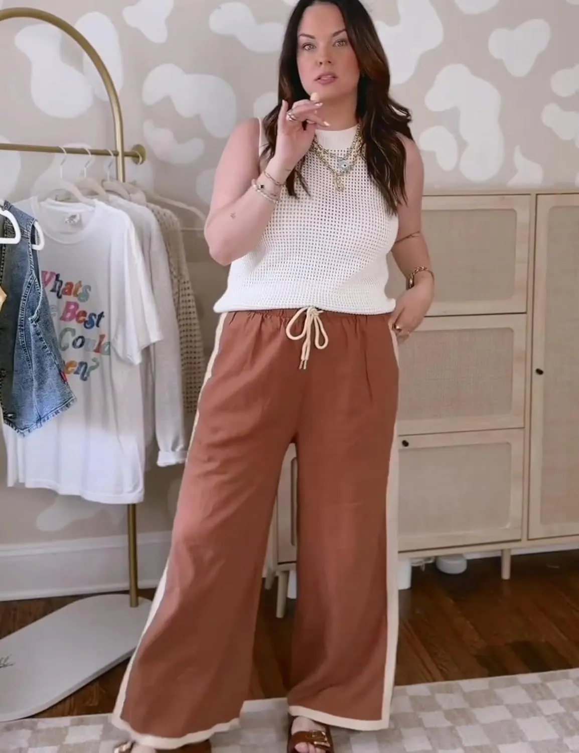 Xiaoxuemeng Wide Leg Pants for Women Casual Linen Side Striped Baggy Pants Elastic Waisted Trousers with Pockets