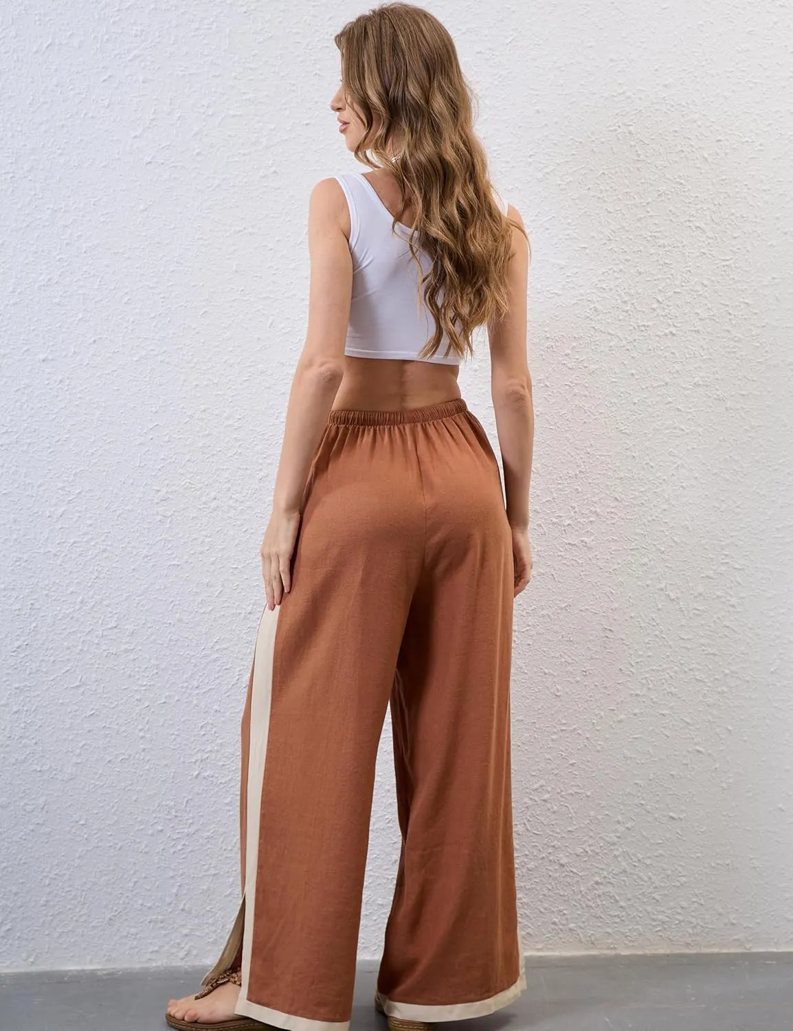 Xiaoxuemeng Wide Leg Pants for Women Casual Linen Side Striped Baggy Pants Elastic Waisted Trousers with Pockets