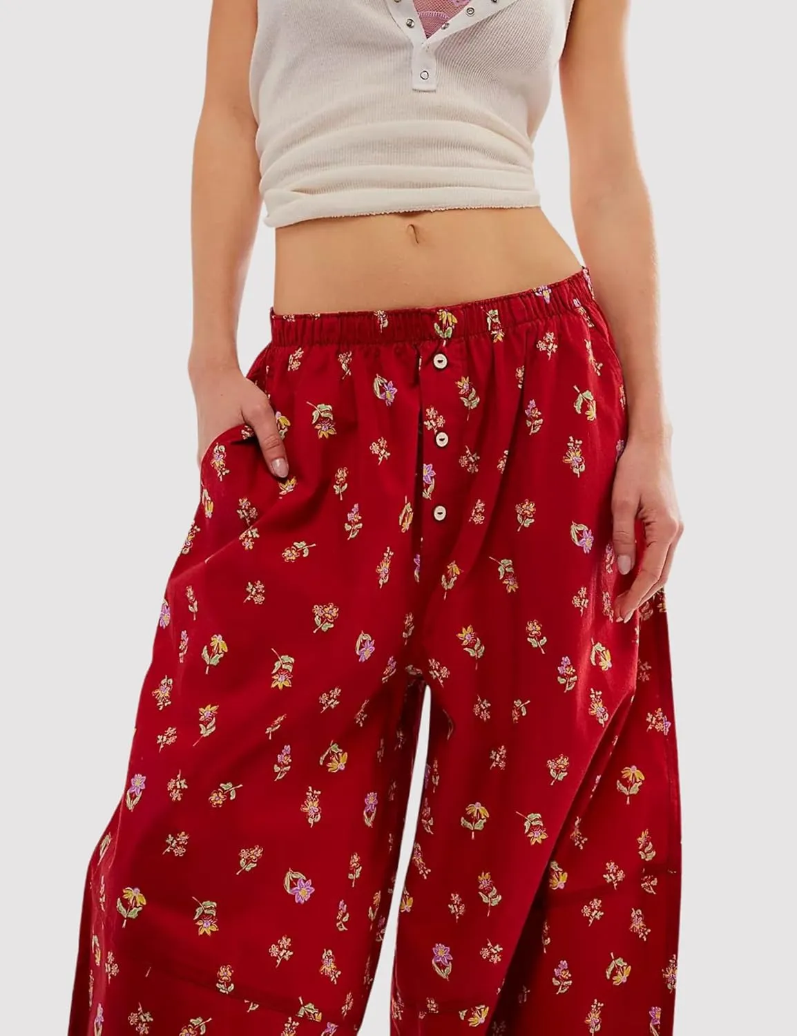 Xiaoxuemeng Womens Cotton Harem Pants Summer Wide Leg Flowy Pants High Waisted Lounge Boho Trousers