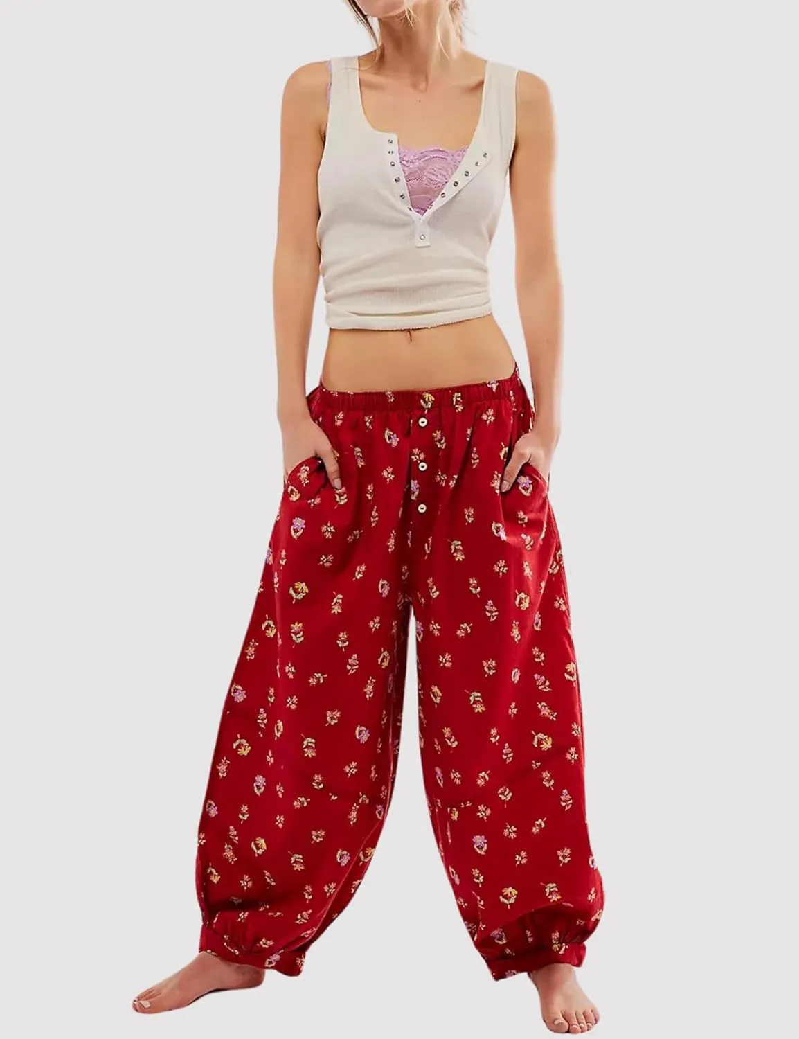 Xiaoxuemeng Womens Cotton Harem Pants Summer Wide Leg Flowy Pants High Waisted Lounge Boho Trousers