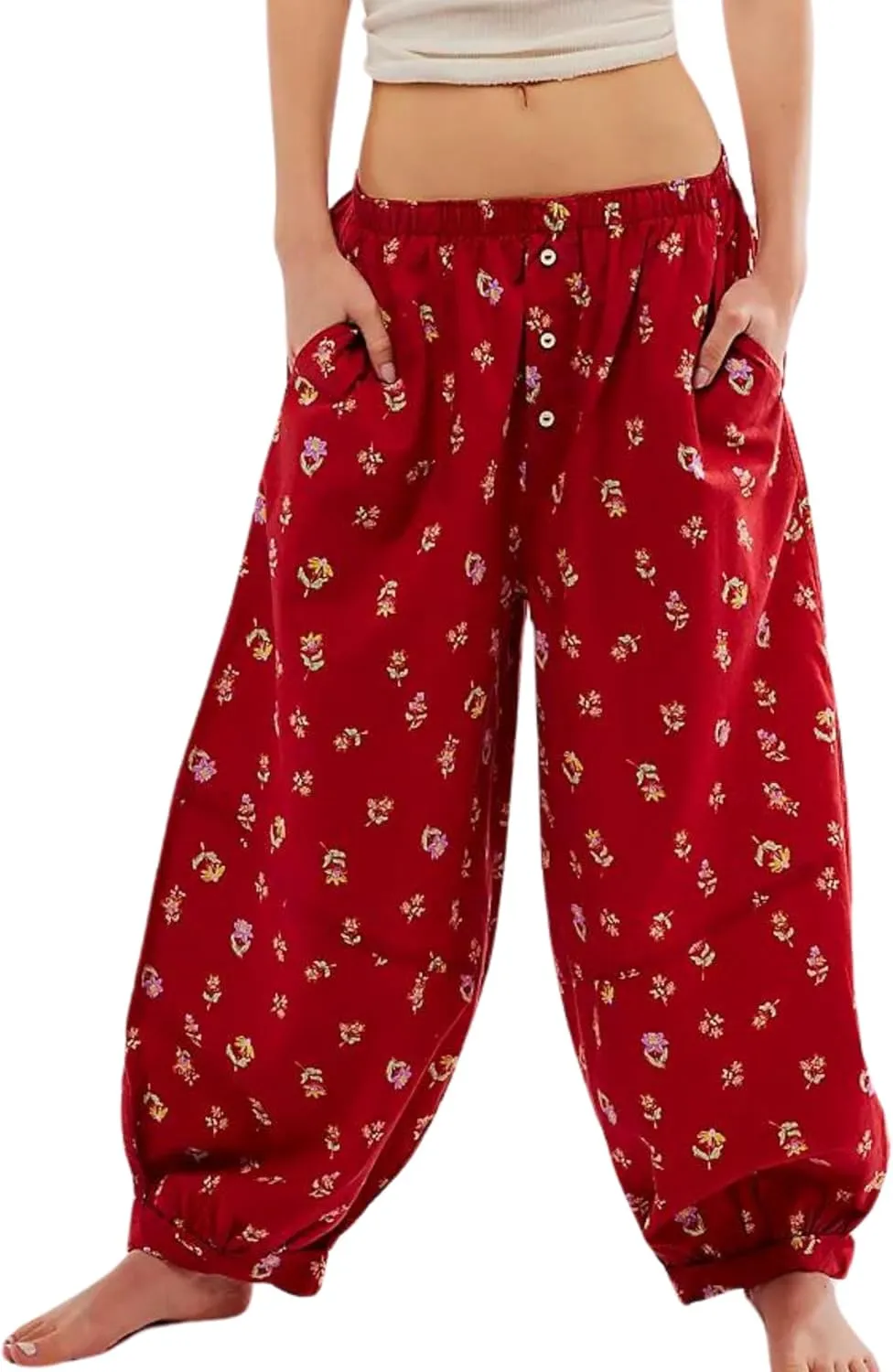Xiaoxuemeng Womens Cotton Harem Pants Summer Wide Leg Flowy Pants High Waisted Lounge Boho Trousers