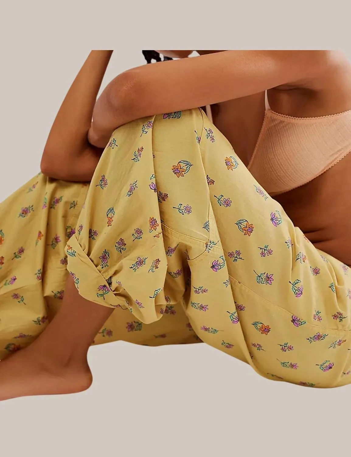 Xiaoxuemeng Womens Cotton Harem Pants Summer Wide Leg Flowy Pants High Waisted Lounge Boho Trousers