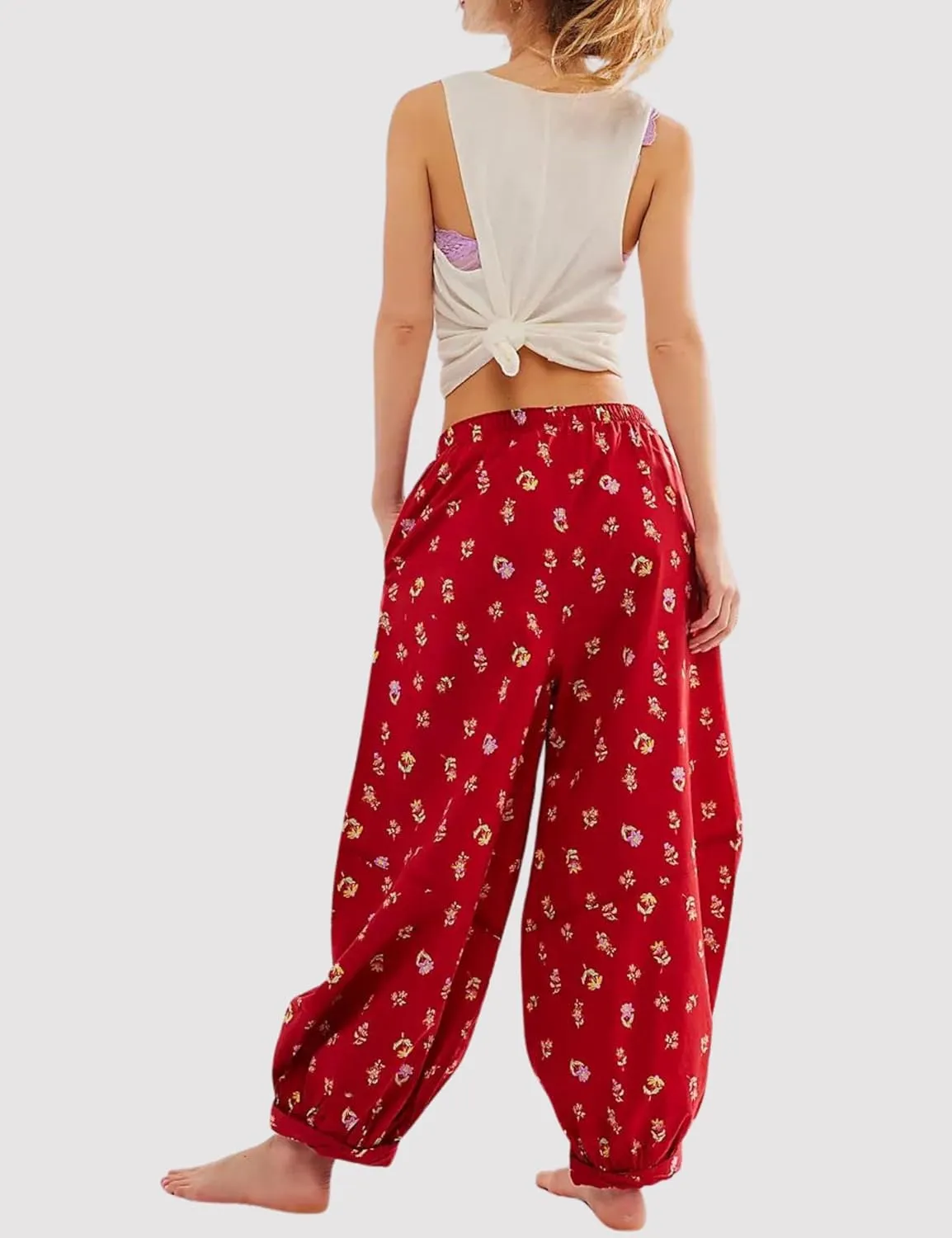 Xiaoxuemeng Womens Cotton Harem Pants Summer Wide Leg Flowy Pants High Waisted Lounge Boho Trousers
