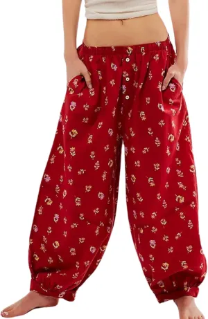 Xiaoxuemeng Womens Cotton Harem Pants Summer Wide Leg Flowy Pants High Waisted Lounge Boho Trousers